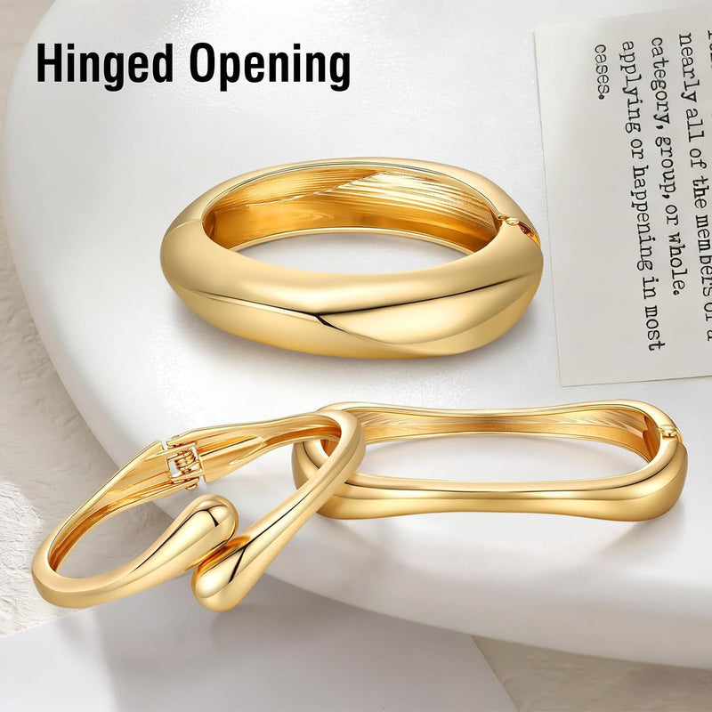 Chunky Gold Bangle Bracelets for Women Trendy 14K Gold Plated Cuff Bracelets Stack, Stackable Statement Bangles, Fashion Jewelry Set for Wedding, Party, Travel Women, Girls, Stylish Gift for Her, 3Pcs