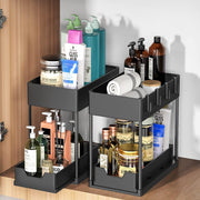 SKY-TOUCH 1pcs Under Sink Shelf Storage Organiser with Sliding Pull Out Drawer,Double Sliding Under Bathroom Cabinet Organization, Kitchen Storage with Hooks,15.6 8.6 13.2cm,Black