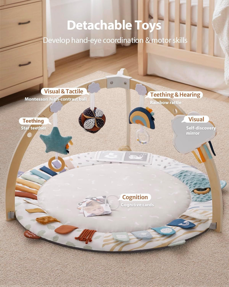 Blissful Diary Baby Play Gym & Mat, 5 Development Zones, Baby Activity Mat, Wooden Mat with 6 Detachable Sensory Toys for Motor Skills and Sensory Development,