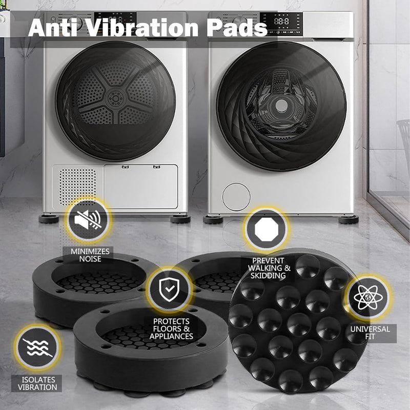 Washer Dryer Anti Vibration Pads, 4 Pcs Noise Cancelling Washing Machine Support with Suction Cup Feet, Fridge Leveling Feet, Anti Walk Pads Shock Absorber, Protects Laundry Room Floors, Black