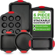NutriChef 6-Piece Nonstick Bakeware Set - Carbon Steel Baking Tray Set w/Heatsafe Red Silicone Handles, Oven Safe Up to 450F, Loaf Muffin Round/Square Pans, Cookie Sheet, Baking Pan -NCSBS6S,Black - 6-Piece Set
