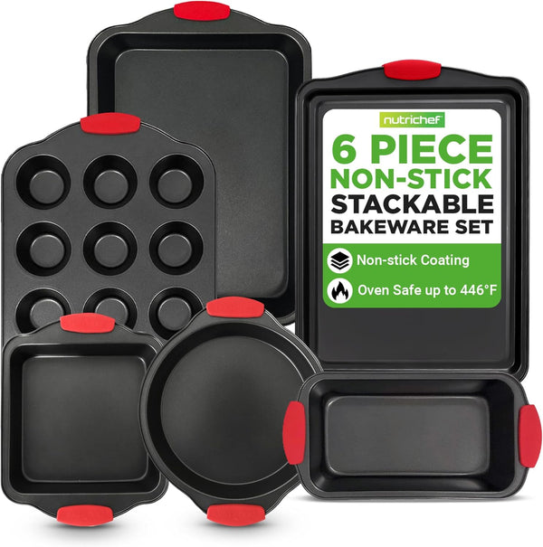 NutriChef 6-Piece Nonstick Bakeware Set - Carbon Steel Baking Tray Set w/Heatsafe Red Silicone Handles, Oven Safe Up to 450F, Loaf Muffin Round/Square Pans, Cookie Sheet, Baking Pan -NCSBS6S,Black - 6-Piece Set