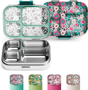 BEOLA Stainless Steel Lunch Box for Kids School, 4 Compartment Bento Box for Kids, BPA Free Tiffin with Lid, Leakproof Meal Container, Perfect as Snack Box, Lunchbox for Girls (Ever Blooming) - Ever Blooming
