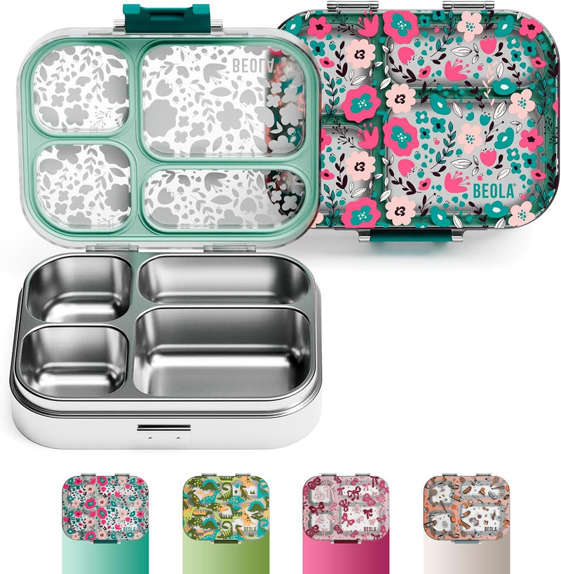 BEOLA Stainless Steel Lunch Box for Kids School, 4 Compartment Bento Box for Kids, BPA Free Tiffin with Lid, Leakproof Meal Container, Perfect as Snack Box, Lunchbox for Girls (Ever Blooming) - Ever Blooming