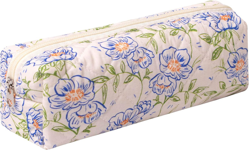 Cute Pencil Case Aesthetic Student Pouch Yellow Bow - Blue Flowers