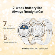 WATCH GT5 Pro 42 mm Smartwatch, Sharp-Edged Design, upto7 Days Battery Life, Pro-level Sports Watch, iOS & Android Compatible, 3 Months HUAWEI Care+, White Ceramic