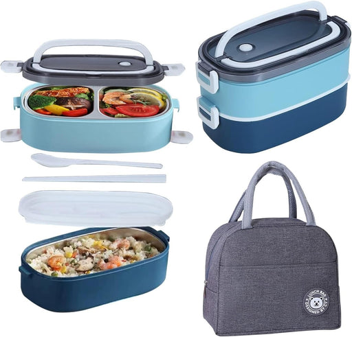 TAPIT Stainless Steel Lunch Box - Insulated Bento Box Multifunctional Containers Food Containers with 2 Compartments,Tableware, Nylon insulation bag (Grey) - Blue