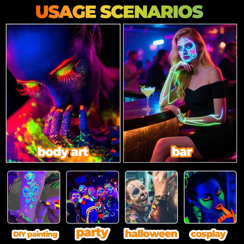 Glow in the Dark Face Paint Pen 12PCS, UV Neon Body Painting Kit for Kids & Adults, Waterproof Smudge-Proof Skin Marker Pens for Halloween Makeup, Tattoo, Festival & Party Eye Body Art