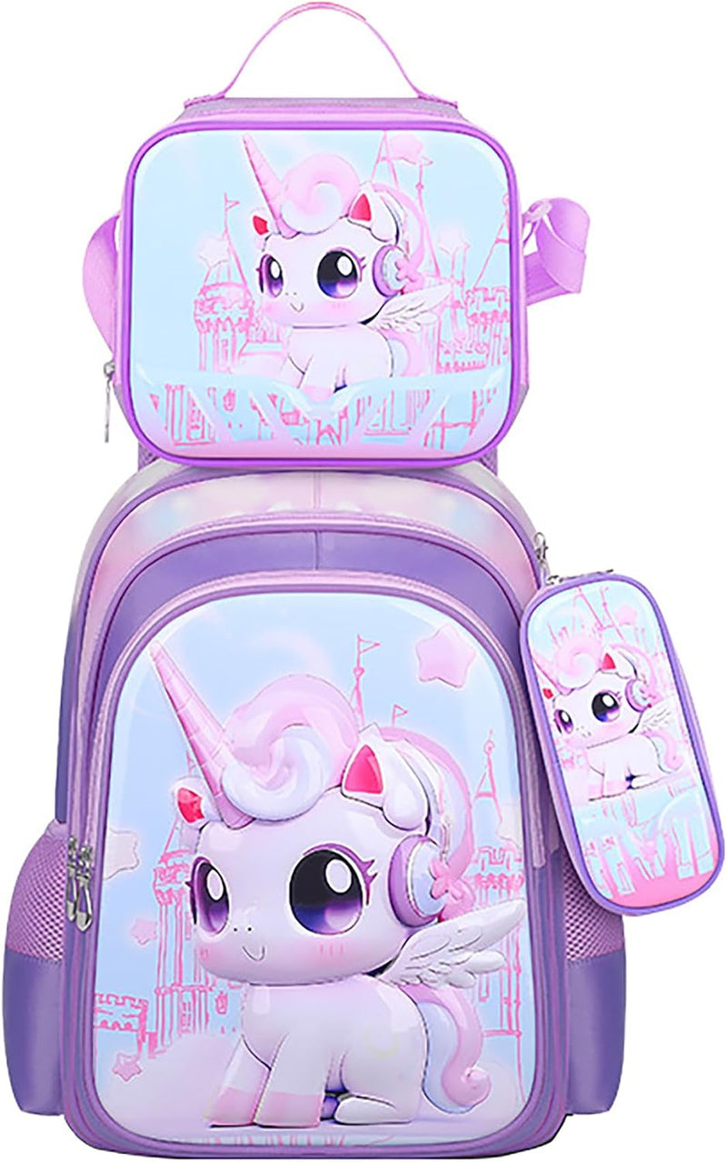 3PCS Kids Backpack for Boys Girls, 16 Inch Water Resistant Bookbag & Lunch Box & Pencil Case for Preschool Kindergarten Primary Junior Elementary School Teen Students (6-12 Age) - A-Unicorn