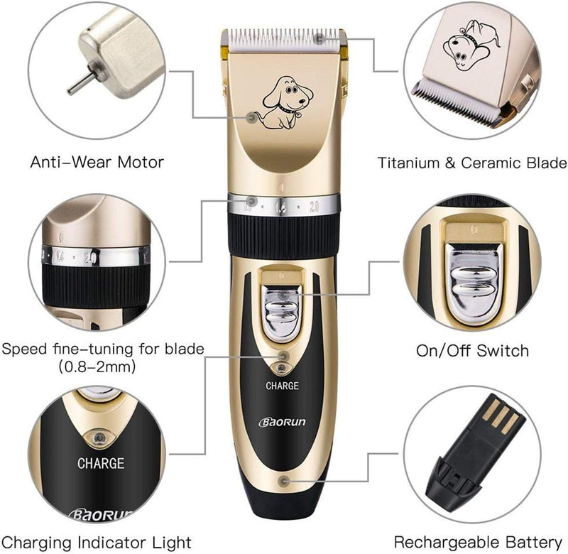 Mumoo Bear Pet Grooming Clipper Kits Low Noise Rechargeable Cordless Quiet Pet Groomer with 4 Comb Attachments and 4 Extra tools for Family Pets