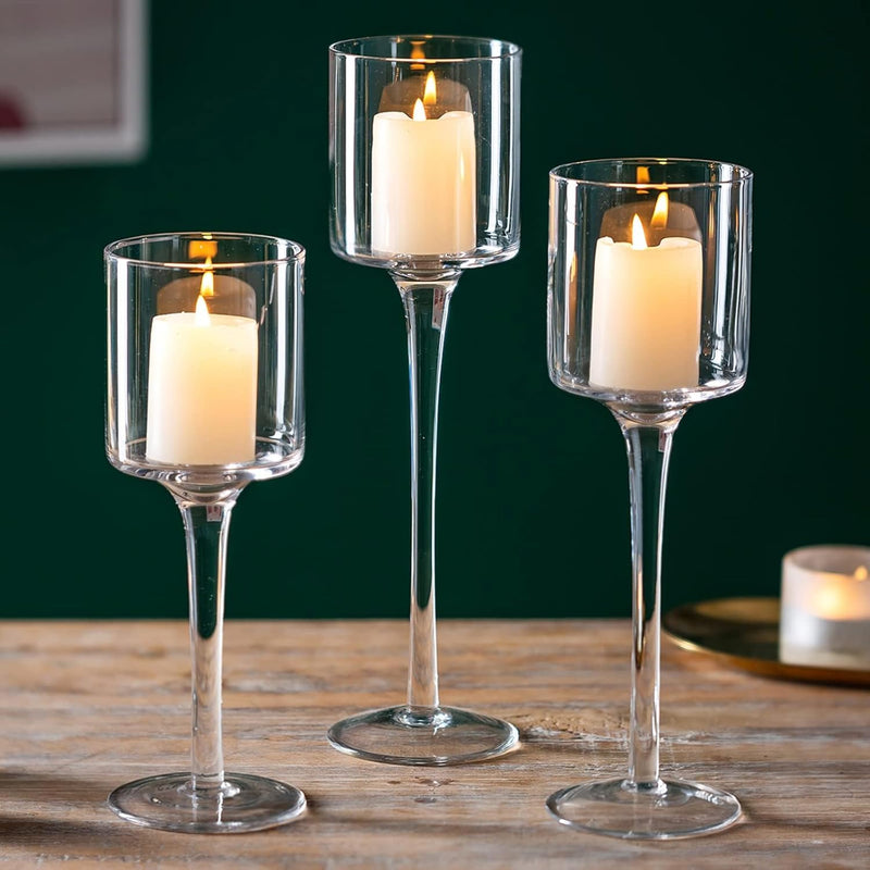DERANQIIUA Christmas Candle Holder, Pack of 3 Elegant Candle Holders, High, Clear Glass, Table Decoration for Wedding, Dining Table, Bathroom, Birthday Party, Multiple Occasions