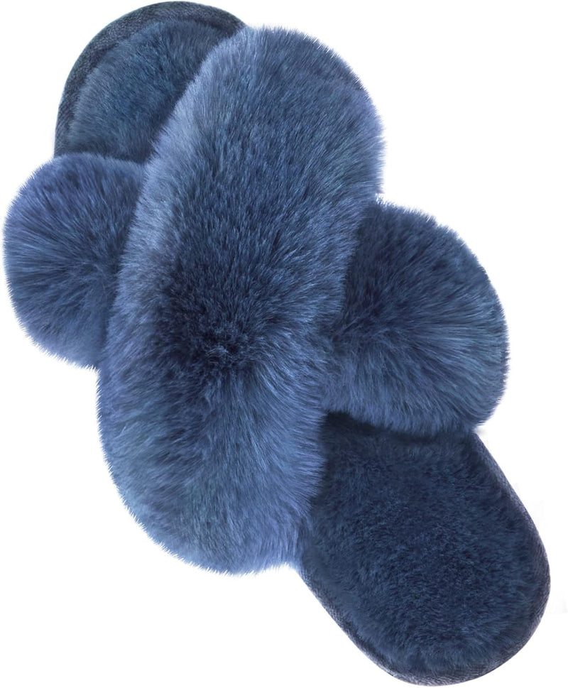 Women's Cross Band Slippers Soft Plush Furry Cozy Open Toe House Shoes Indoor Outdoor Faux Rabbit Fur Warm Comfy Slip On Breathable