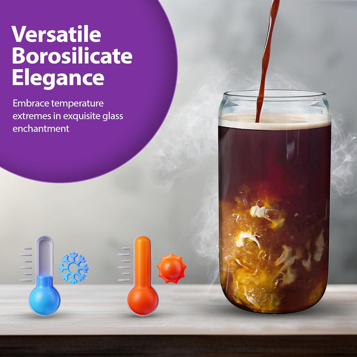 CasaWave 4 Drinking Glasses with Bamboo Lids and Glass Straw - 4 Pcs Can Shaped Glass Cups, Iced Coffee Cups, Cute Tumbler Cups with 2 Cleaning Brush, Ideal for Cocktail, Soda, Tea, Gift