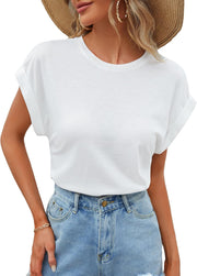Women's Basic Round Neck T Shirt Roll Up Short Sleeve Crop Tee Top - White