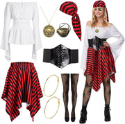 Women's Pirate Costume,Pirate Fancy Dress Up Accessories with Earring,Necklace,Eye Mask and Striped Headscarf,Adult Pirate Halloween Costumes for Cosplay Carnival Party Birthday Party