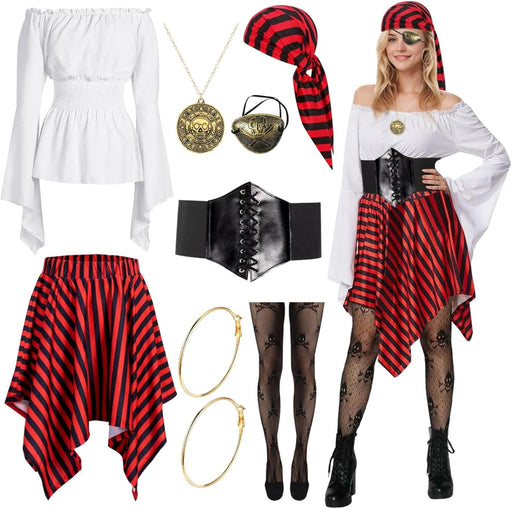 Women's Pirate Costume,Pirate Fancy Dress Up Accessories with Earring,Necklace,Eye Mask and Striped Headscarf,Adult Pirate Halloween Costumes for Cosplay Carnival Party Birthday Party