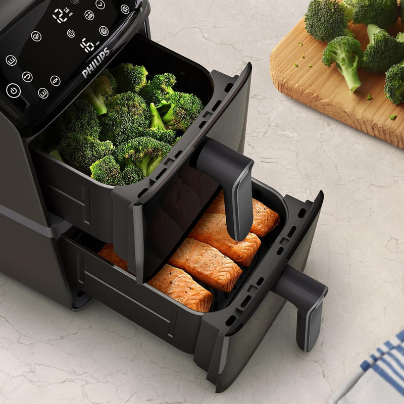 Stacked Dual Basket Airfryer - 5L + 5L, 2 Stacked Basket Drawers, 6 Preset Functions and 13 ways to cook, Touchscreen, Black - NA460/09