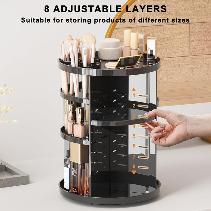 Rotating Makeup Organizer, DIY 8 Adjustable Layers Spinning Skincare Organizer, Cosmetic Display Case with Brush Holder Perfume Tray, Multi-Function Storage Carousel for Vanity Bathroom Countertop