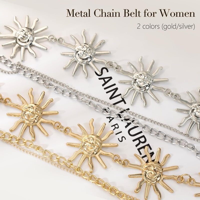 Azonee Womens Multilayer Gold Sun Chain Belt Western Cowgirl Waist Belt for Dresses & Jeans Adjustable Metal Body Chain for Country Concerts, Daily Wear Fashion Belly Jewelry Accessory