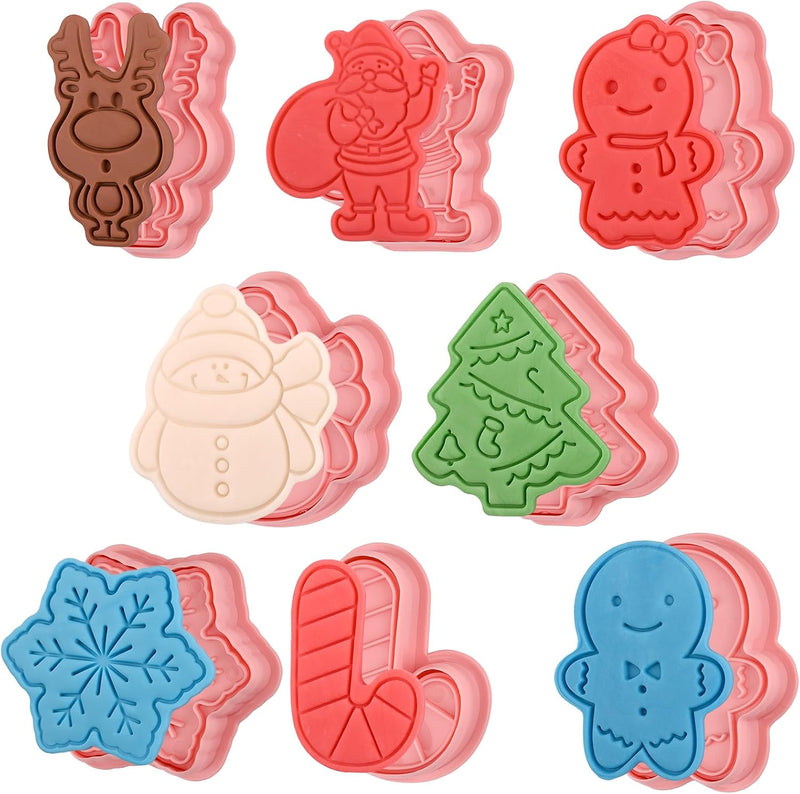 Sakolla (Set of 8) Christmas Cookie Cutters with Plunger Stamps Set, Gingerbread Boy/Girl Snowman Santa Claus Snowflake Christmas Tree Reindeer Cookie Cutters - Christmas