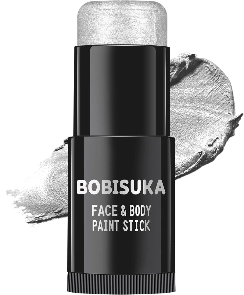 BOBISUKA Black White Face Paint Stick with Setting Powder Set, Eye Black Sticks for Sports, Body Paints for Clown Skeleton Vampire Skull Cosplay Special Effects Costume SFX Halloween Makeup Kit - Silver