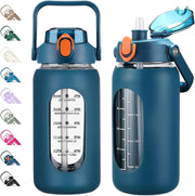 64oz Glass Water Bottles with Straw, Half Gallon Motivational Glass Bottle with Silicone Sleeve and Time Marker, 2L Leakproof Large Glass Water Jug for Gym Home Office,Black - 42 Ounces Blue