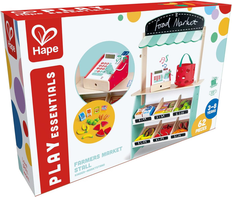 Hape Farmers Market Stall, Kitchen & Food Toys, Pretend Play for Kids Boys Girls, Wooden Toys, Non-Toxic Material, Mini Grocery Playset, Food Role Play, Accessories Included 62pcs, Ages 3Y+