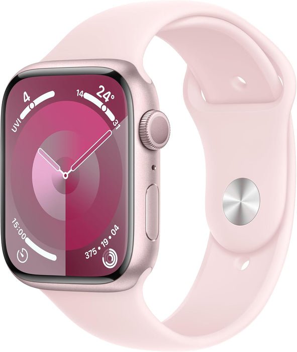 Apple Watch Series 9 [GPS 45mm] Smartwatch with Pink Aluminum Case with Pink Sport Band M/L. Fitness Tracker, Blood Oxygen & ECG Apps, Always-On Retina Display, Water Resistant (Renewed)