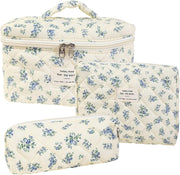 3 Pcs Cotton Quilted Makeup Bag Set,Floral Makeup Bag,Cute Makeup Bag,Travel Makeup Bag,Large Toiletry Cosmetic Bag Makeup Bag Organizer for Women Girls (H) - H