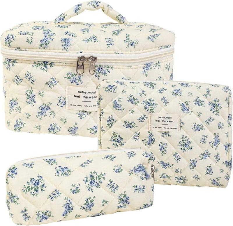 3 Pcs Cotton Quilted Makeup Bag Set,Floral Makeup Bag,Cute Makeup Bag,Travel Makeup Bag,Large Toiletry Cosmetic Bag Makeup Bag Organizer for Women Girls (H) - H