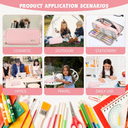 HASTHIP Large Capacity Pencil Case with 3 Compartments, Multi-Functional Pencil Box for Kids, Girls, Boys, Teenagers, Adults, Stationery Organizer Pouch, Pink