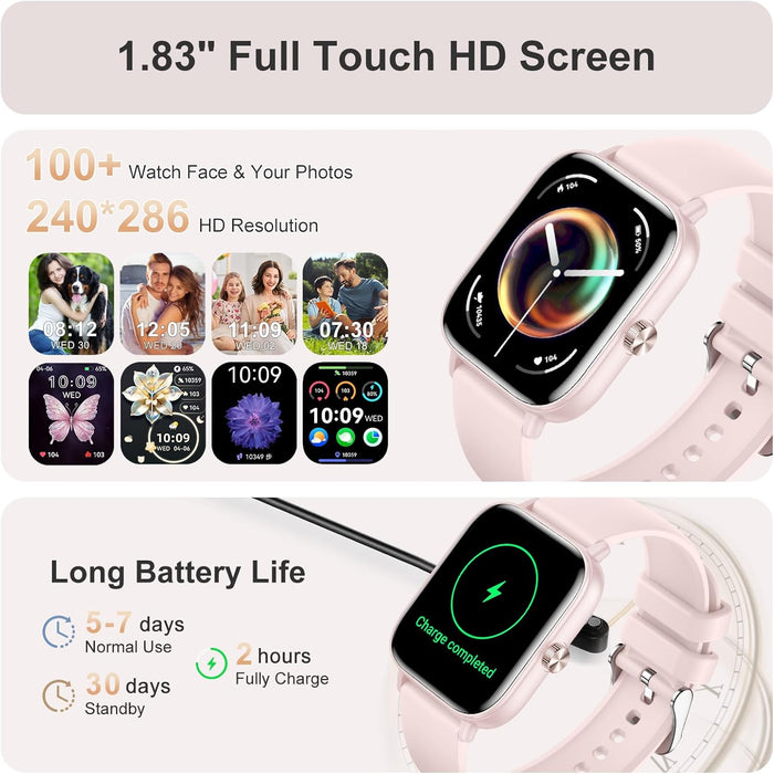 Smart Watch for Women(Answer/Make Call), 1.83" HD Touch Screen Fitness tracker with Heart Rate SpO2 Sleep Monitor,100+ Sport Modes, IP68 Waterproof Smartwatch compatible with iOS & Android, Pink
