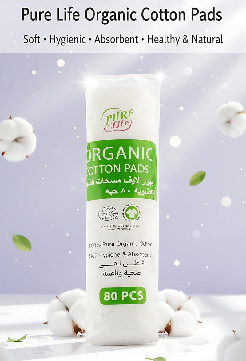 PureLife Organic Cotton Pads 80pcs Soft Reusable Rounds for Face Makeup Removal, Skincare, Cleansing Gentle, Eco-Friendly, Biodegradable Cotton Pads