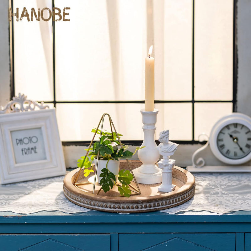 Hanobe Decorative Serving Tray Wood: White Washed Bead Round Tray Decor for Coffee Table Rustic Wooden Trays Farmhouse Centerpiece for Living Room Kitchen Counter