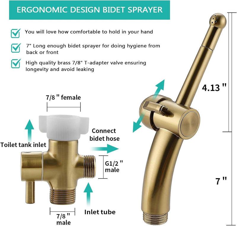BARROCK All Metal Stainless Steel Hand Held Bidet Sprayer for Toilet, High Pressure Sprayer Head Brushed Gold