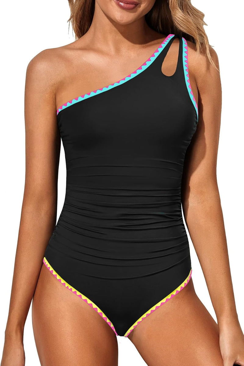 Holipick womens Classic One Piece Swimsuit - Contrast Color-colorful Black