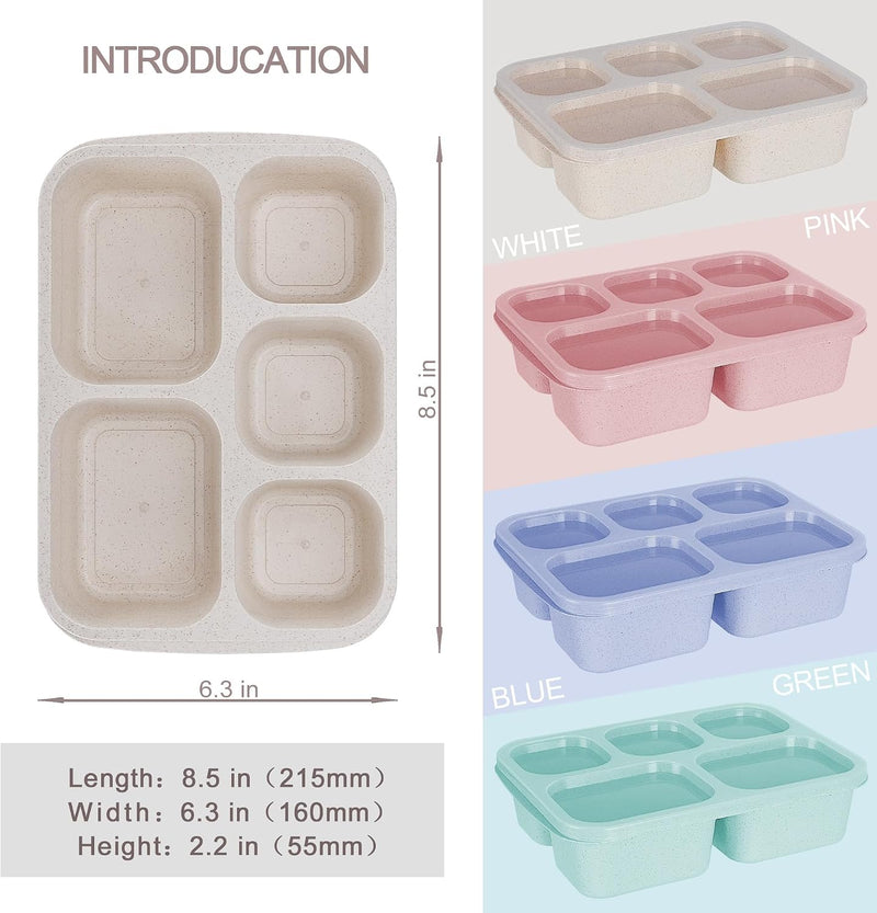 4 Pcs Wheat Straw PP 5-Compartment Bento Lunch Box, Reusable Snack Box Container for Adults and Kids, Food Storage Box for School, Work, Travel, Meal Prep Containers