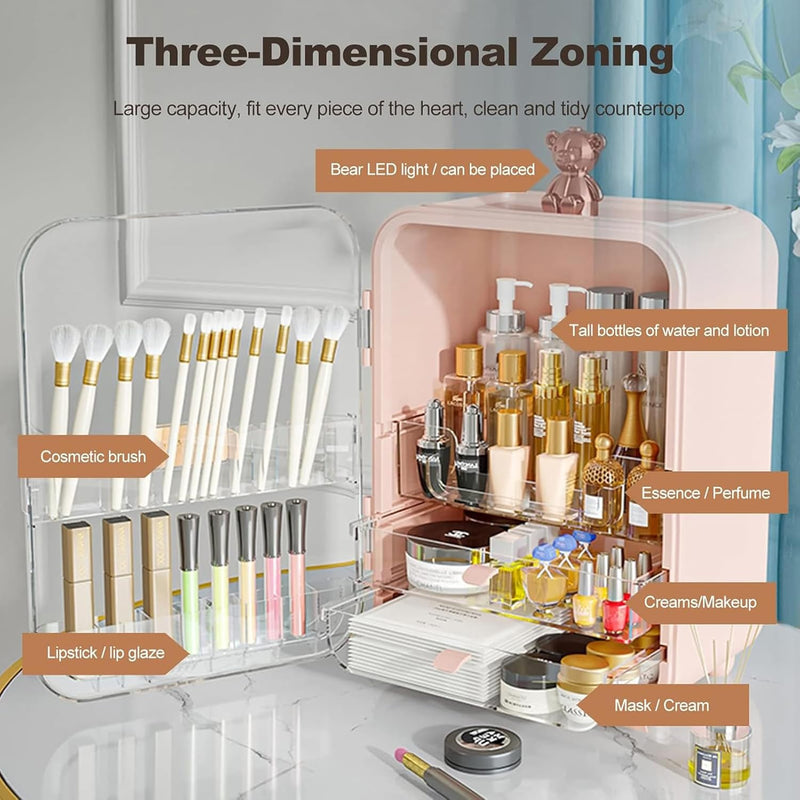 NOGOO Cosmetics Storage Box with LED Light and Mirror,Makeup Display Case with Two Drawer Storage Box and Brush Storage, Large Capacity SkinCare Organizers for Bathroom Countertop,Bedroom Vanity Desk