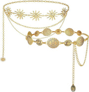 BOSSNOUK 2Pcs Gold Waist Chain Belt for Women Sun Moon Boho Body Chain, Nickel-Free Adjustable 125cm, Dress Belt for Abaya Kaftan Jeans Eid Ramadan Gift - E