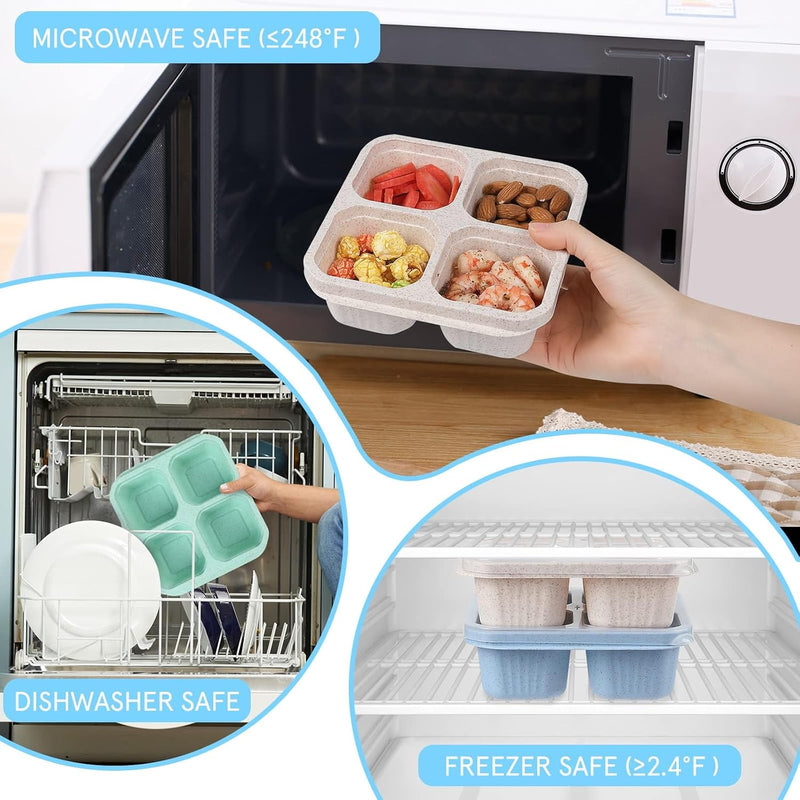 BIGTHREE 4 Pack Bento Snack Containers Set, Wheat Straw Meal Prep Lunch Box, 4 Compartment Snack Bento Boxes with Clear Lids, Microwave and Dishwasher Safe for Adults & Kids