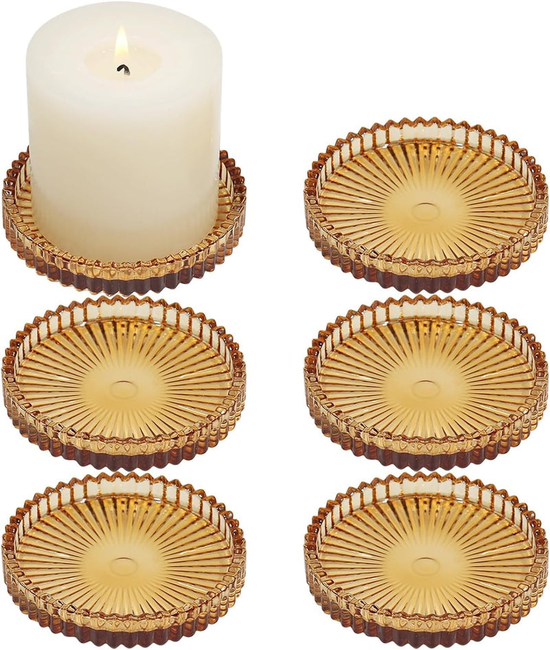 MCHERRY 6 Pack Glass Candle Holders, 4 Inch Glass Candle Holder for Pillar Candles, Christmas Candle Plate for Dining Table, Home Coffee Table Decoration (Brown)