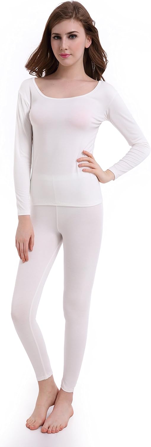 Womens Thermal Underwear Set Ultra Thin Crew Neck Base Layer Stretch Long Johns - Ivory Off White