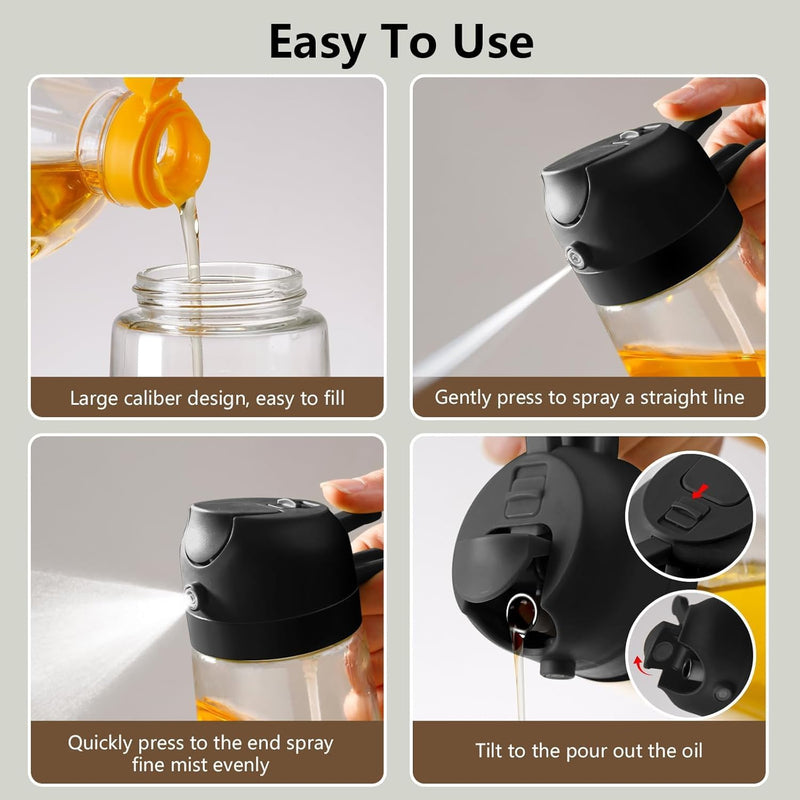 SKY-TOUCH 470ml Oil Sprayer for Cooking, 2 in 1 Glass Olive Oil Sprayer & Dispenser Bottle for Kitchen, Air Fryer, Salad, BBQ, Frying, Baking, Grilling, Food Grade, Leak-Proof, Refillable (Black)