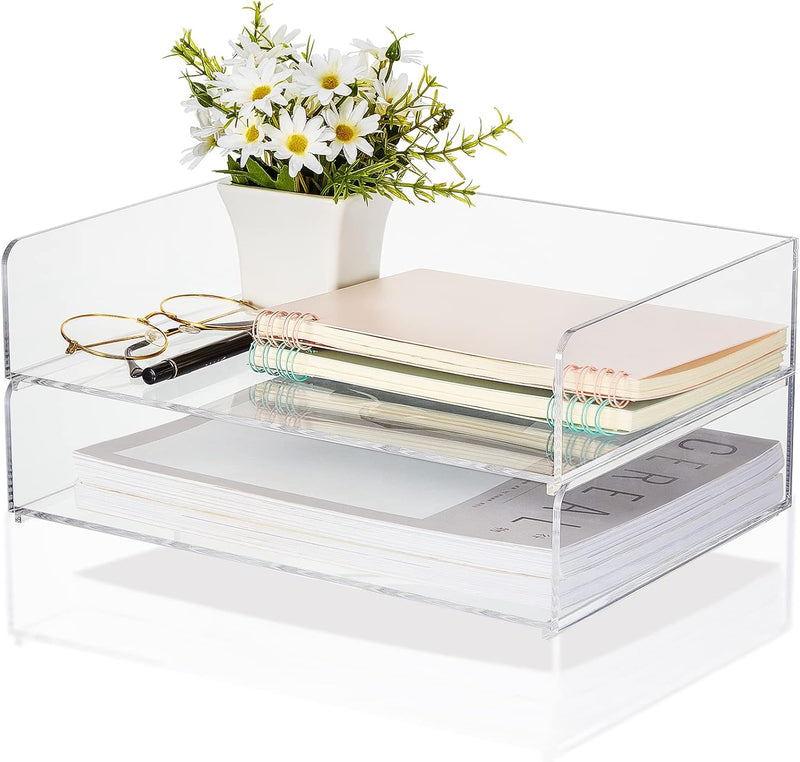 Yulejo Acrylic Desk Organizers and Accessories Tier Paper File Organizer Tray Stackable Document Clear Desk Accessories for Office Workspace Organization (315 x 222 x 137 mm/ 12.4 x 8.74 x 5.39 Inch)