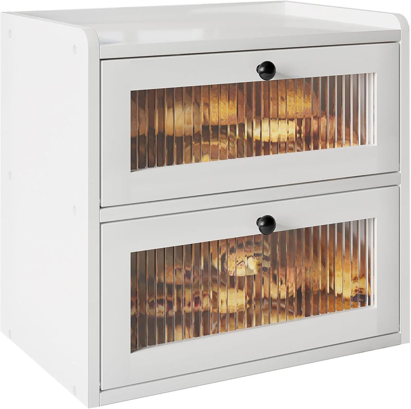 Double Layer Large Bread Box for Kitchen Counter, Wooden Corner Bread Storage Container with Acrylic Window, White - White