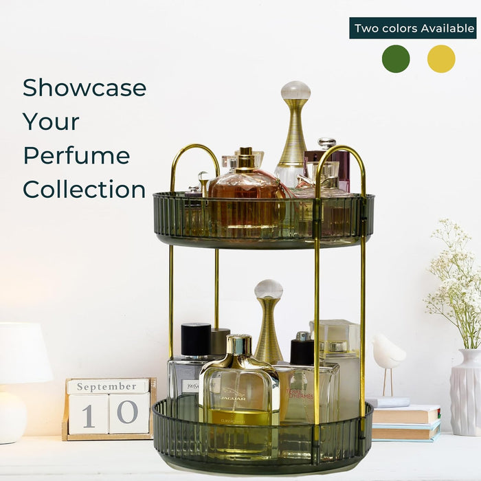 Sortify Perfume Organizer, Luxury Acrylic Perfume Stand, Lazy Susan 360° Rotating Makeup Organizer & Skincare Rack, Showcase Your Cologne Collection with 2 Tier Perfume Tray 32x23x23cm (Gold)