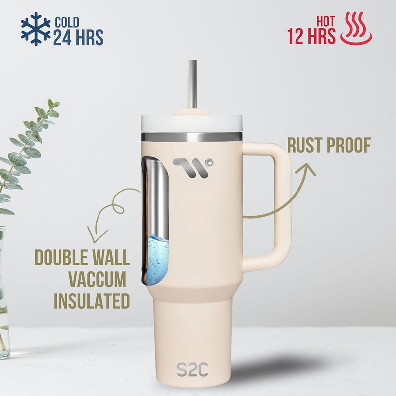 S2C 40oz Stainless Steel Tumbler with Handle & Straw – Double Wall Vacuum Insulated Mug – Leakproof, BPA-Free, Keeps Drinks Hot & Cold – Ideal for Office, Gym, Travel – Fits Car Cup Holder–(Blue)