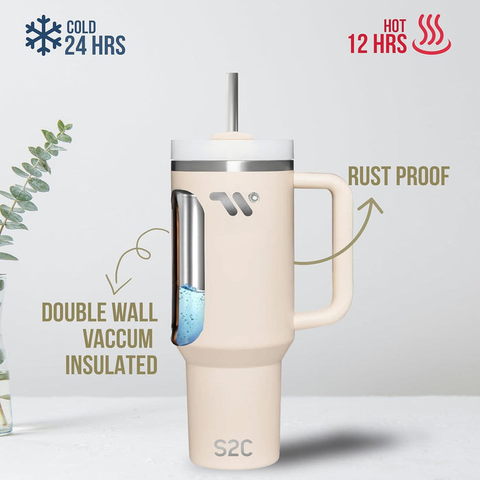 S2C 40oz Stainless Steel Tumbler with Handle & Straw – Double Wall Vacuum Insulated Mug – Leakproof, BPA-Free, Keeps Drinks Hot & Cold – Ideal for Office, Gym, Travel – Fits Car Cup Holder–(Blue)