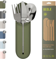 Stainless Steel Cutlery Set with Silicone Case, Travel Utensils with Pouch, Reusable Fork Spoon and Knife, Cutlery for Lunch Box Kids School, Camping Outdoor, Set of 4pcs (Sand Dune) - Forest Green