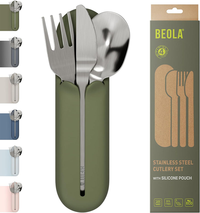 Stainless Steel Cutlery Set with Silicone Case, Travel Utensils with Pouch, Reusable Fork Spoon and Knife, Cutlery for Lunch Box Kids School, Camping Outdoor, Set of 4pcs (Sand Dune) - Forest Green